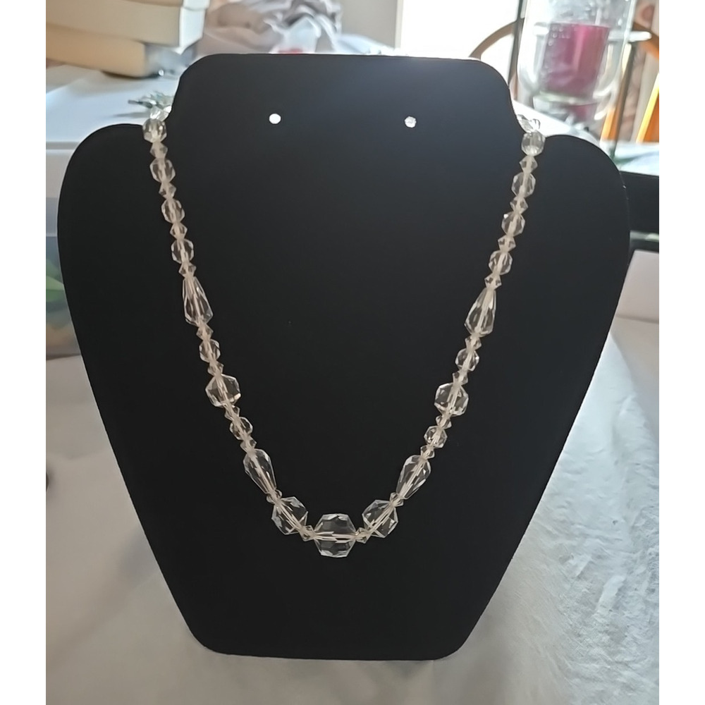 Vtg Clear Art Deco Glass Beaded Faceted Statement Fashion Necklace Jewelry
